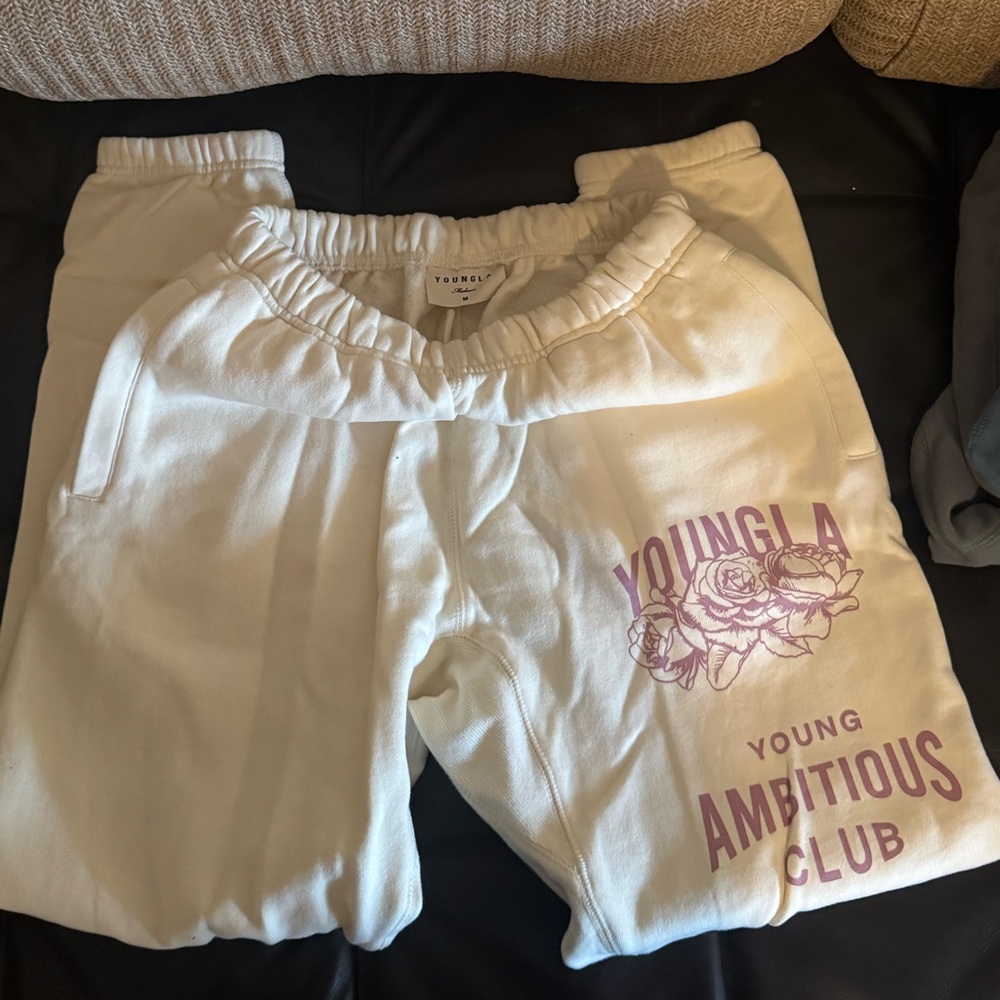 YoungLA Cream Sweatpants with Purple Print